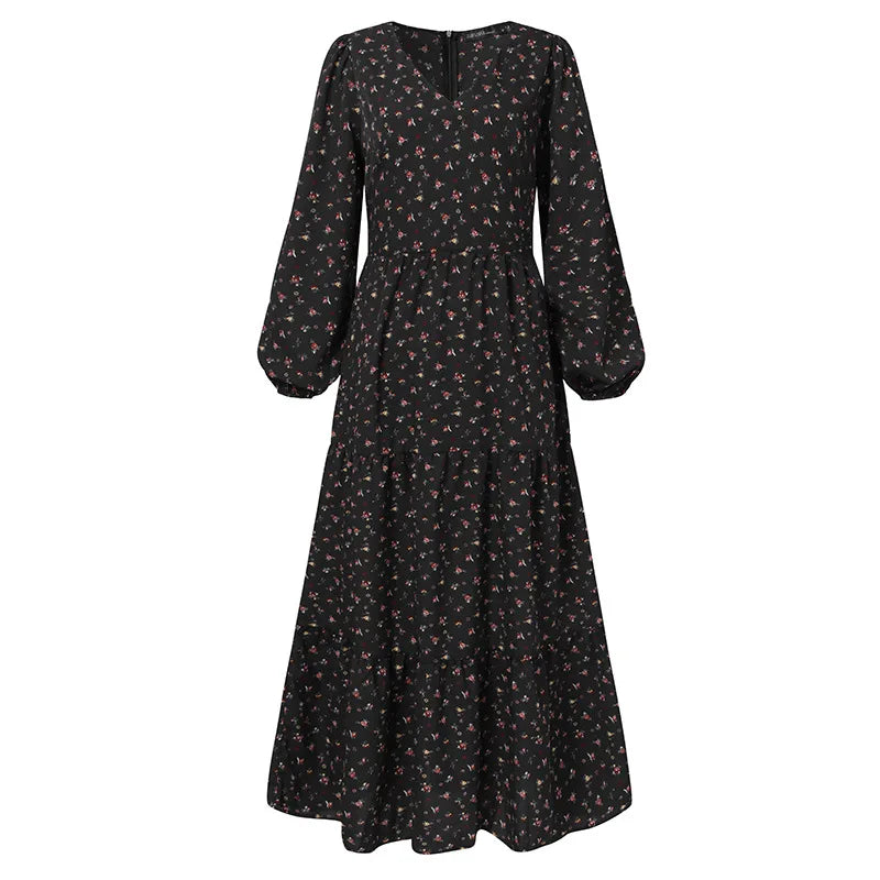 Casual boho Floral Print Long Dress For Women Elegant Party Maxi Dresses Spring Autumn Full Sleeve Ruffle Vintage Dress Female