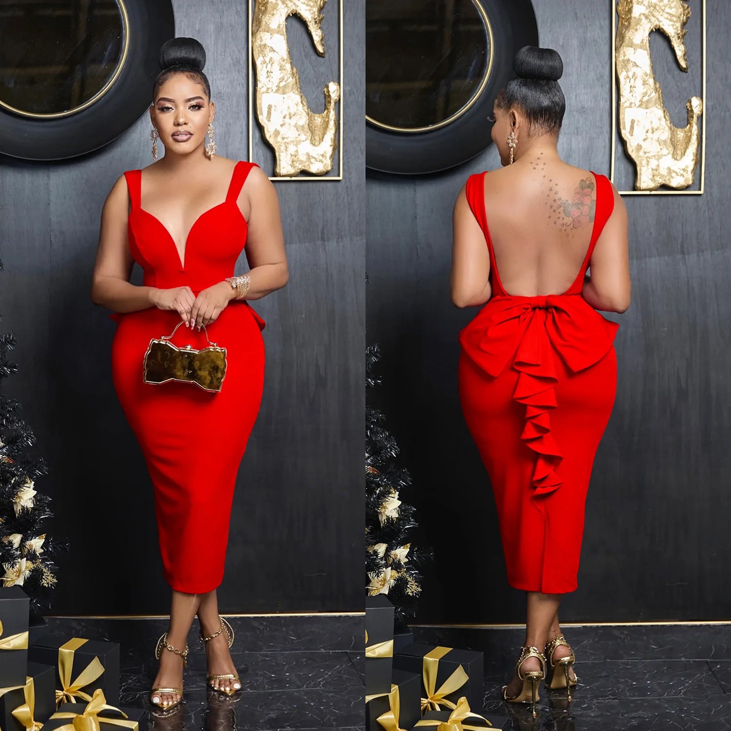 Hot Midi Dresses Summer Deep V Neck Bowtie Backless Long Wedding Party Female Dress Sexy Skinny Night Club Outfits Woman Clothes