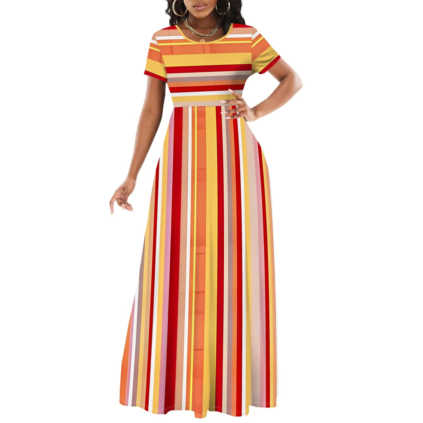 Striped Geometric Colorful Maxi Dress Elegant Casual Round Neck Long Dress