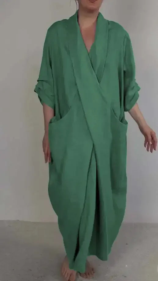 Women Loose Long Maxi Dress V Neck Full Length High Waist Solid Color Ankle Length Dress Summer