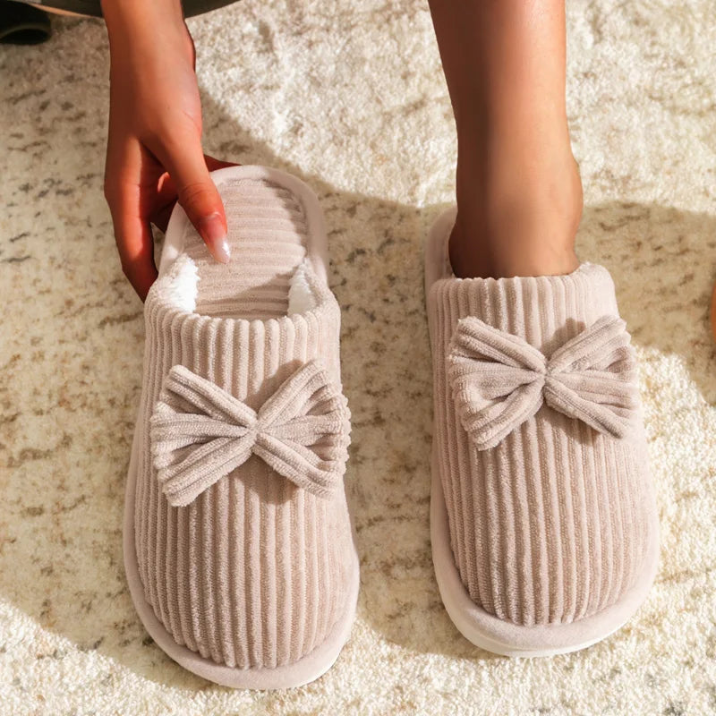 Women’s Bowknot Plush Slippers – Cozy Indoor Fleece Slides