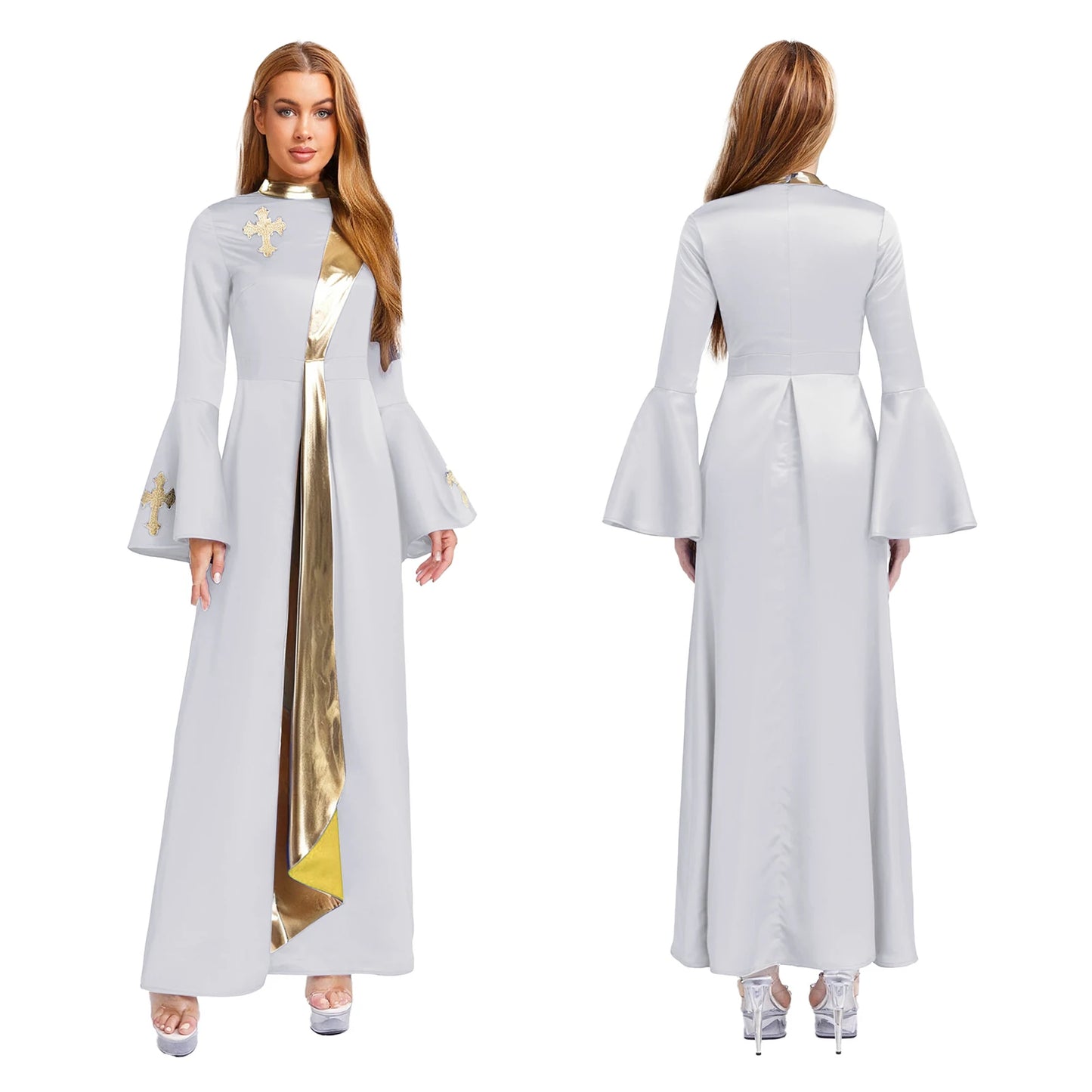 Womens Pastor Church Choir Dress Christian Priest Dress Halloween Costume Metallic Shiny Catholic Clergy Dress with Flared Cuffs