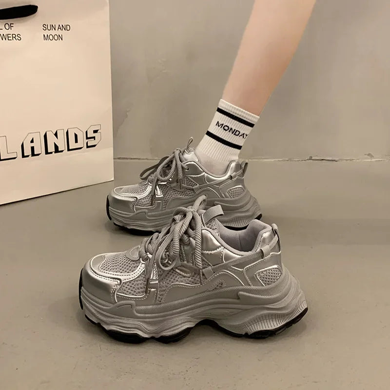 Chunky Platform Sneakers for Women Spring Fashion Thick Sole Vulcanized Shoes Woman Non Slip Mesh Breathable Casual Sports Shoes