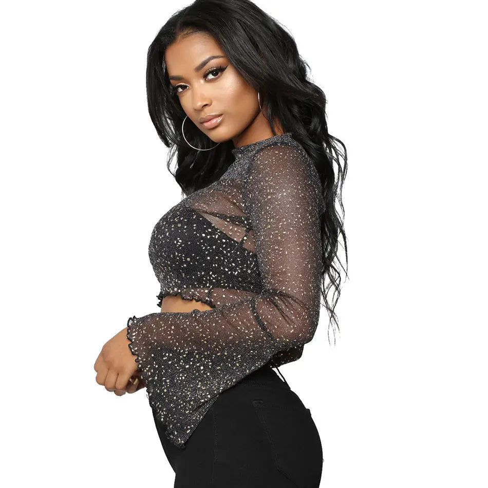 Womens Sheer Mesh T-Shirts Long Bell Sleeve Mock Neck Crop Tops See Through Clubwear