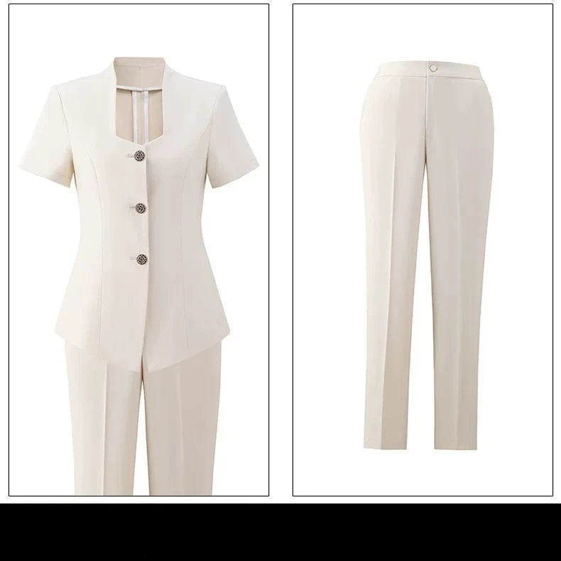 Women's Professional Suit Set for Summer Short-Sleeve Formal Work Suit with Long Pants Beauty Salon & Hotel Front Desk
