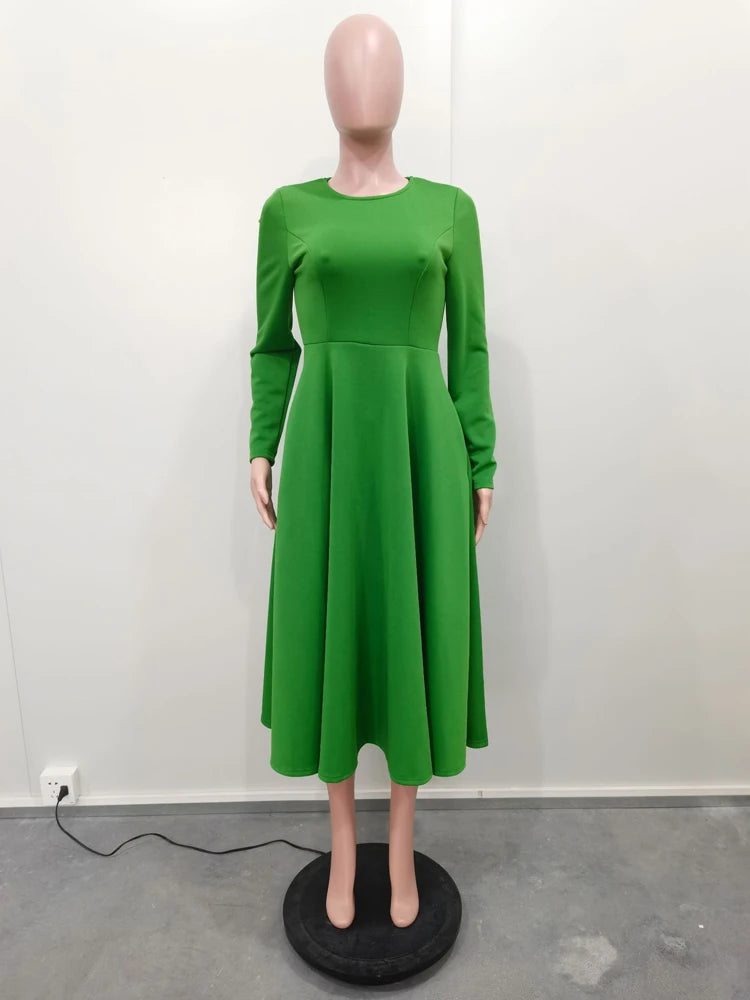 Elegant Church Dresses for Woman 2025 Fall Long Sleeve O Neck High Waisted A-Line Midi Calf Party Cocktail Dress with Pockets