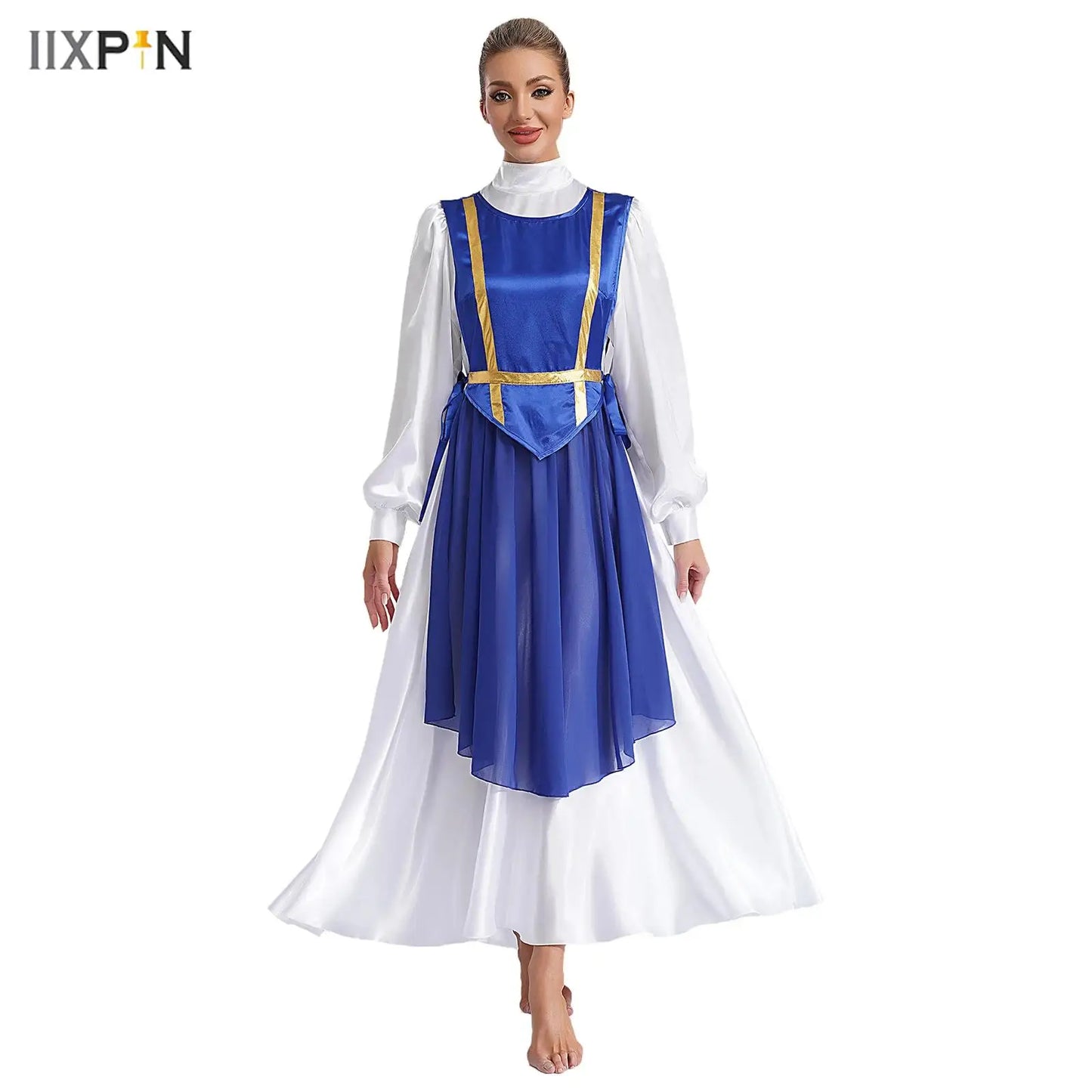 Women Liturgical Dance Choir Performance Costume Round Neck Sleeveless Lace-up Sides Split Satin Tunic Church Worship Dress Gown