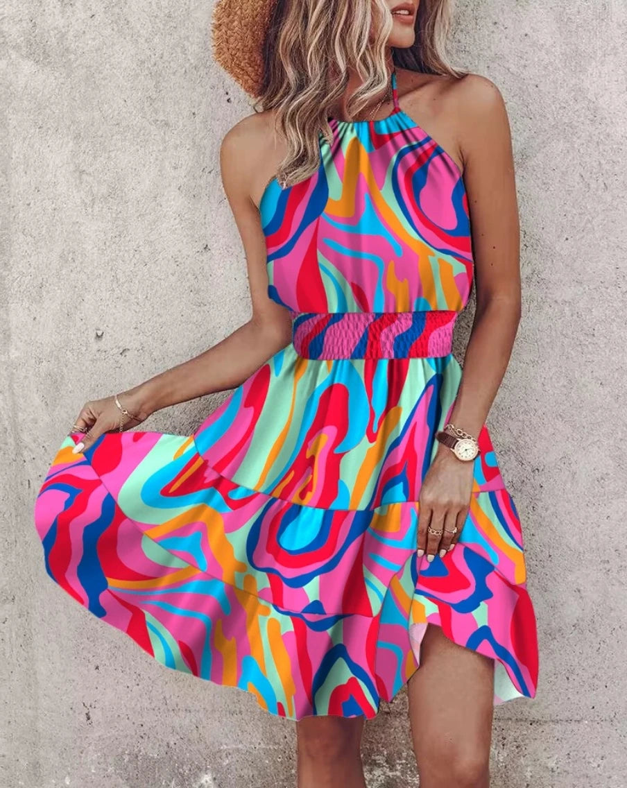 Elegant Floral Pleated H shaped Midi Dress Female V Neck Puff Sleeve Waist Ruched Button Dresses Women Summer Dress