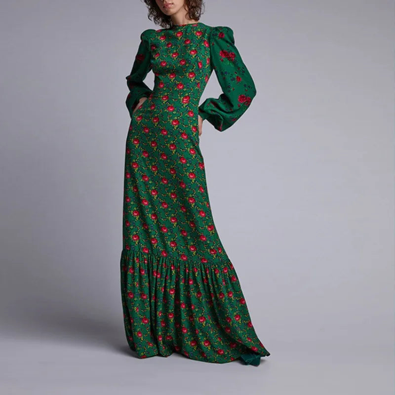 Bohemian Bird Print Maxi Dress Elegant V - Neck Bell Sleeve Tiered Dress for Vacation Party & Daily Wear