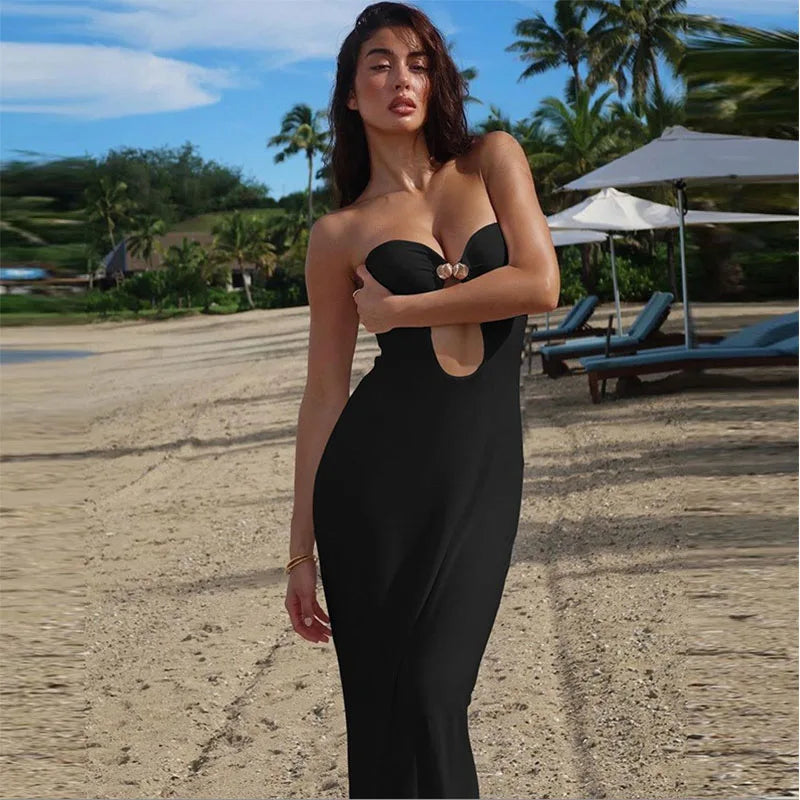 Sexy Strapless Cut Out Bodycon Maxi Dress Women Off Shoulder Backless Solid White Sundress Summer Beach Y2K Clothe