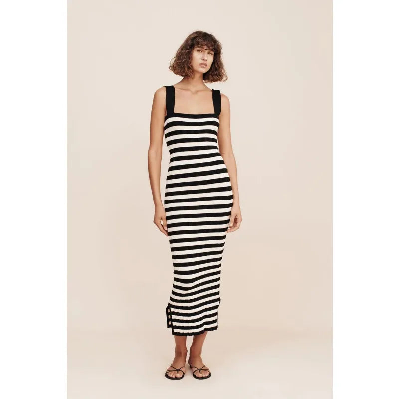 Striped High Waist Backless Maxi Dress Women Contrast Split Slim Fashion Off-Shoulder Autumn 2024 Party Dress Streetwear