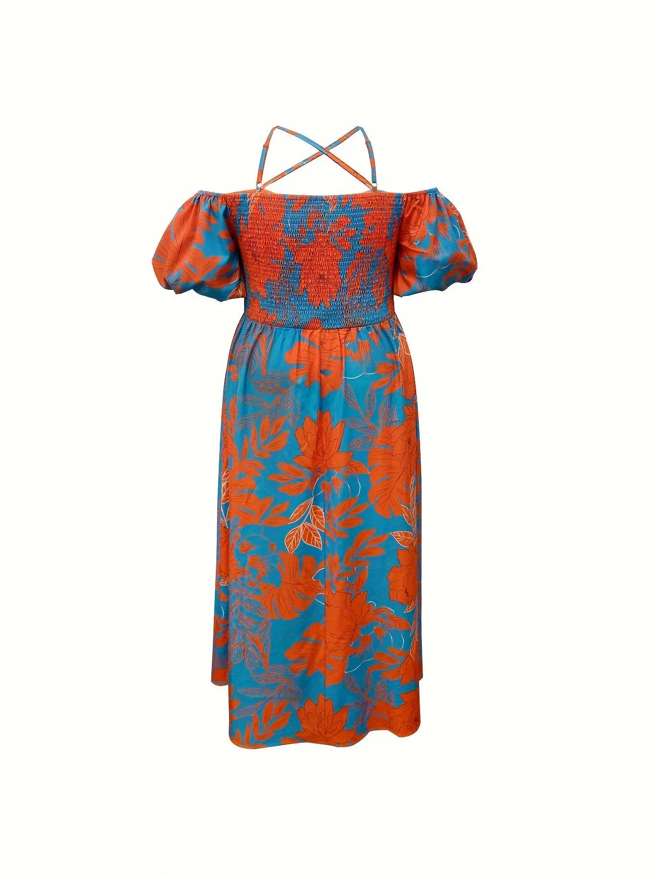 Women's Statement Floral Halter-Neck Side-Slit Short-Sleeve Maxi Dress