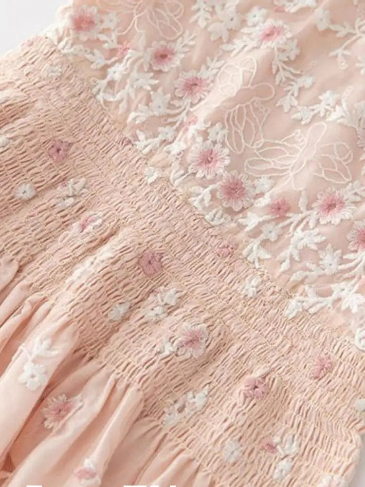 Embroidered Floral Flying Sleeve Lady Dress 2025 Summer O-Neck Elastic Waist Ruffles Mesh Women's Long Dresses