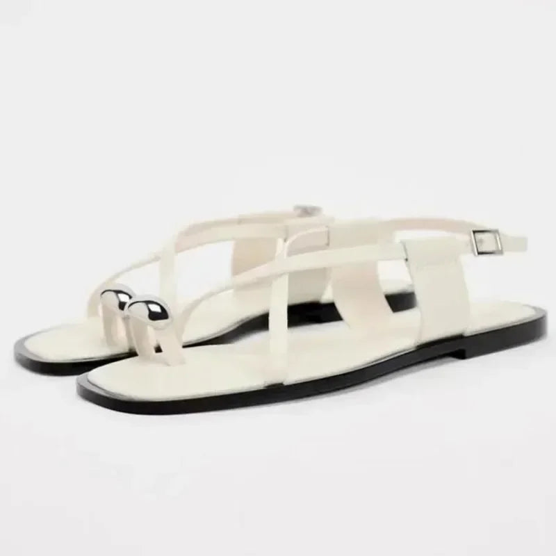Sexy Thin Straps Flat Sandals Women 2025 Summer Footwear Chic Metal Square Toe Soft Leather Beach Traf Shoes for Lady Wholesale