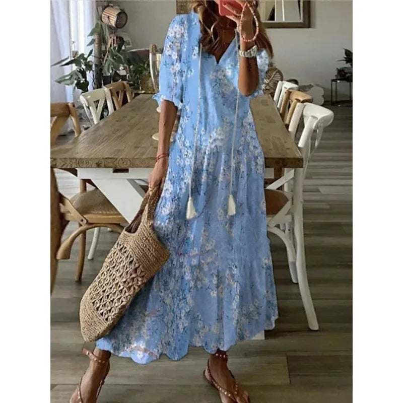 Elegant Boho Floral Print Beach Long Dresses For Women Fashion RufflesV-neck Short Sleeve Casual Sweet Loose Maxi Dress
