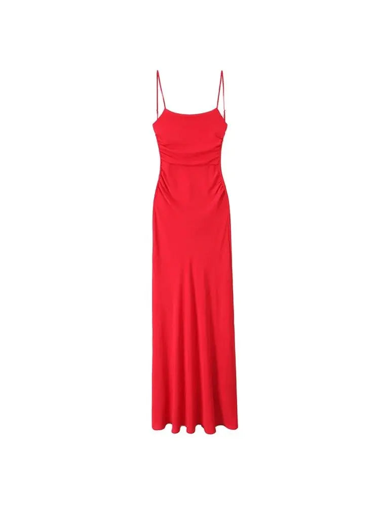 Draped Midi Dress for Women, Straight Neck, Thin Straps, Backless Female Dresses, Chic Fashion