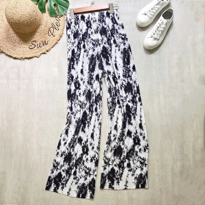 REALEFT 2024 New Spring Summer Painting Printed Long Pants Vintage High Waist Street Casual Loose Wide Leg Trousers Female