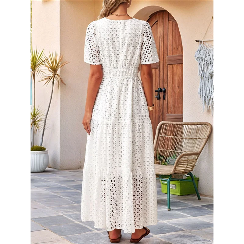 ASDS-Women's Summer Short Sleeve Maxi Dress Casual V Neck Hollow Out Eyelet Ruffle Swing A Line Long Dresses