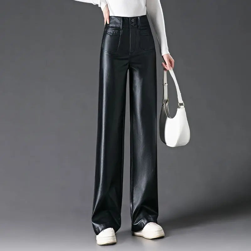 Black Red Leather Pants For Women Casual PU Leather Pants Women's Pants High-Waisted Straight Wide Leg Pants Autumn Winter