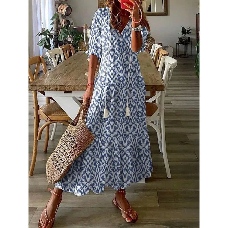 Elegant Boho Floral Print Beach Long Dresses For Women Fashion RufflesV-neck Short Sleeve Casual Sweet Loose Maxi Dress