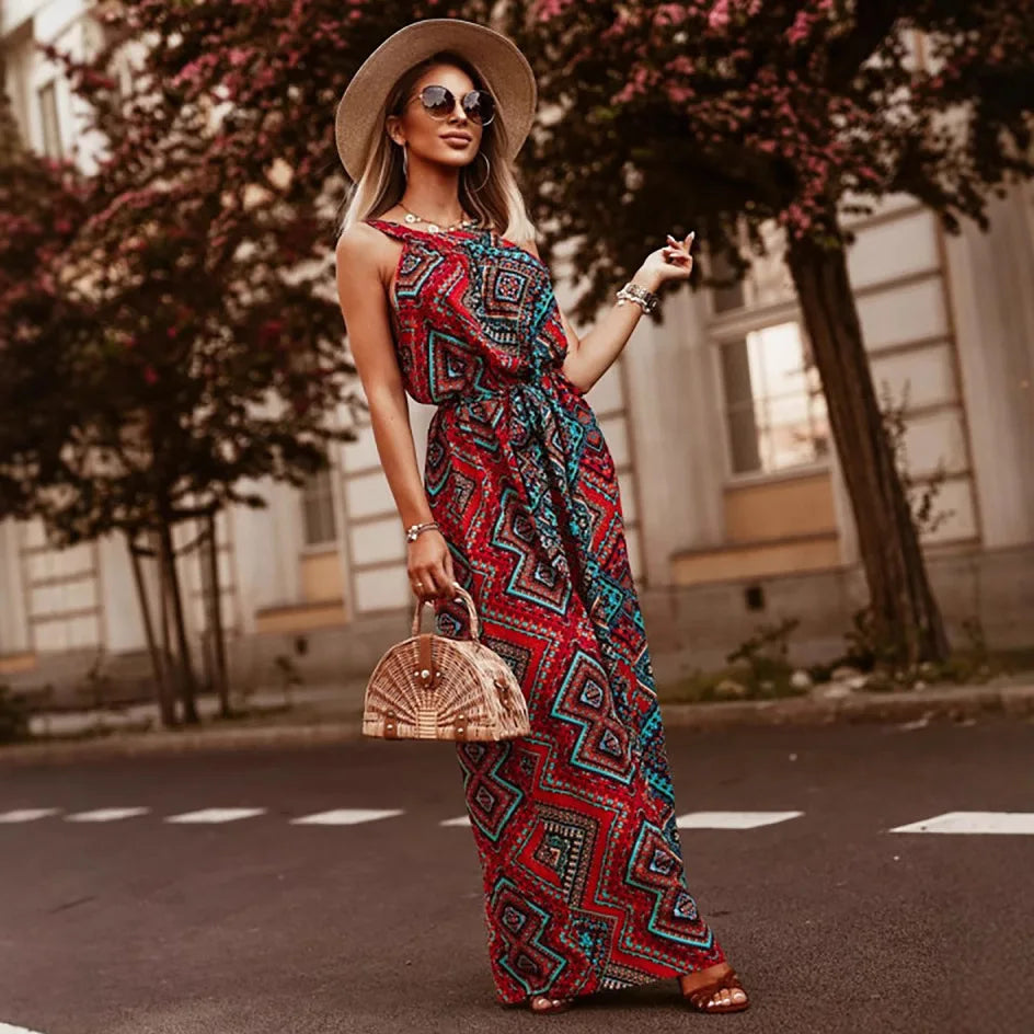 Elegant Bohemian Style Colorful Floral Print Long Dress Sleeveless Halter Neck Maxi Robe for Women Temperament Hanging Design