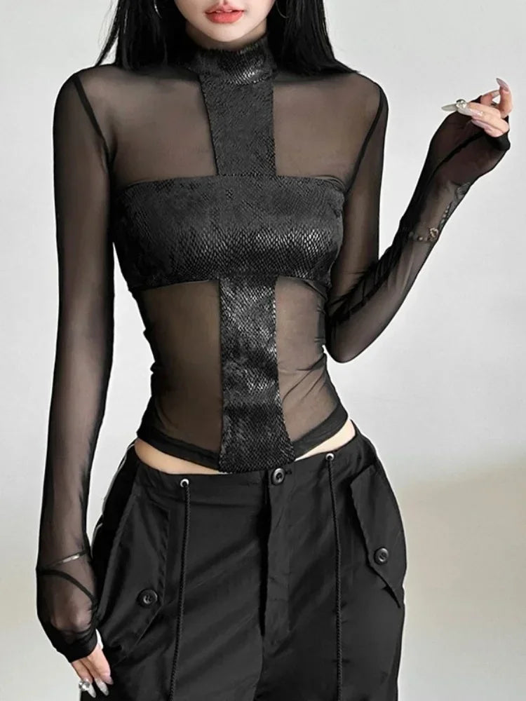Long Sleeve Mesh T Shirts For Women Edgy Clothes Y2k Accessories Black Crop Top See Through Camisetas Skinny Sexy Ropa De Mujer
