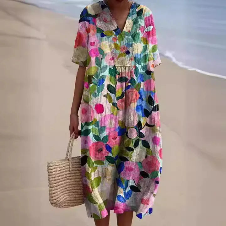 Women Floral Print Summer Maxi Dresses Colorful V Neck Short Sleeve Casual Loose Vacation Workout Beachwear Dress Robe Traf 2025