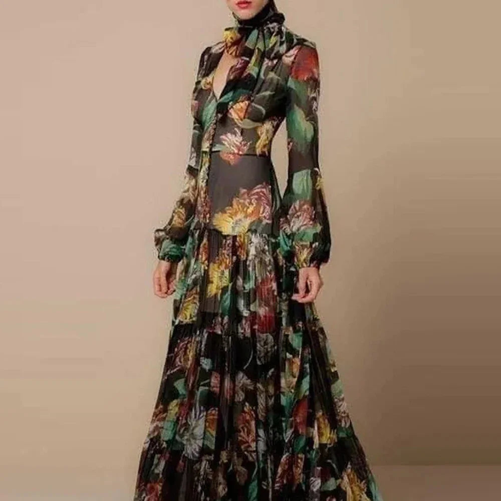 Elegant Floral Printed Slim Women's Dress Puff Long Sleeves Halter Neck Pleated 2025 Maxi Dresses Female Fishtail Evening Robes