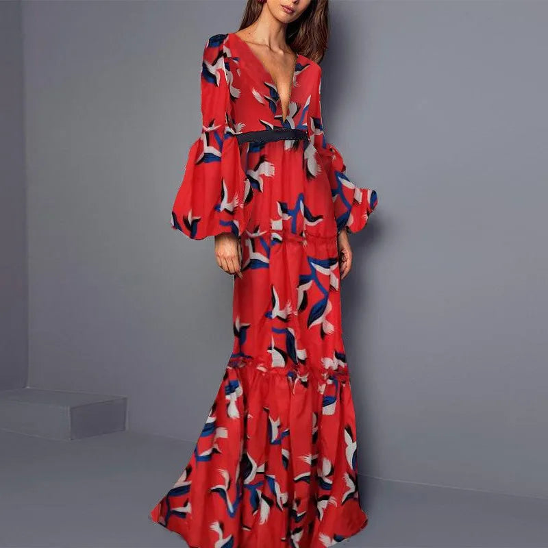Bohemian Bird Print Maxi Dress Elegant V - Neck Bell Sleeve Tiered Dress for Vacation Party & Daily Wear