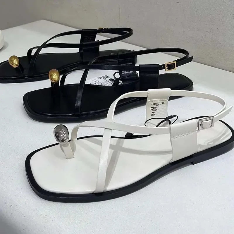Sexy Thin Straps Flat Sandals Women 2025 Summer Footwear Chic Metal Square Toe Soft Leather Beach Traf Shoes for Lady Wholesale