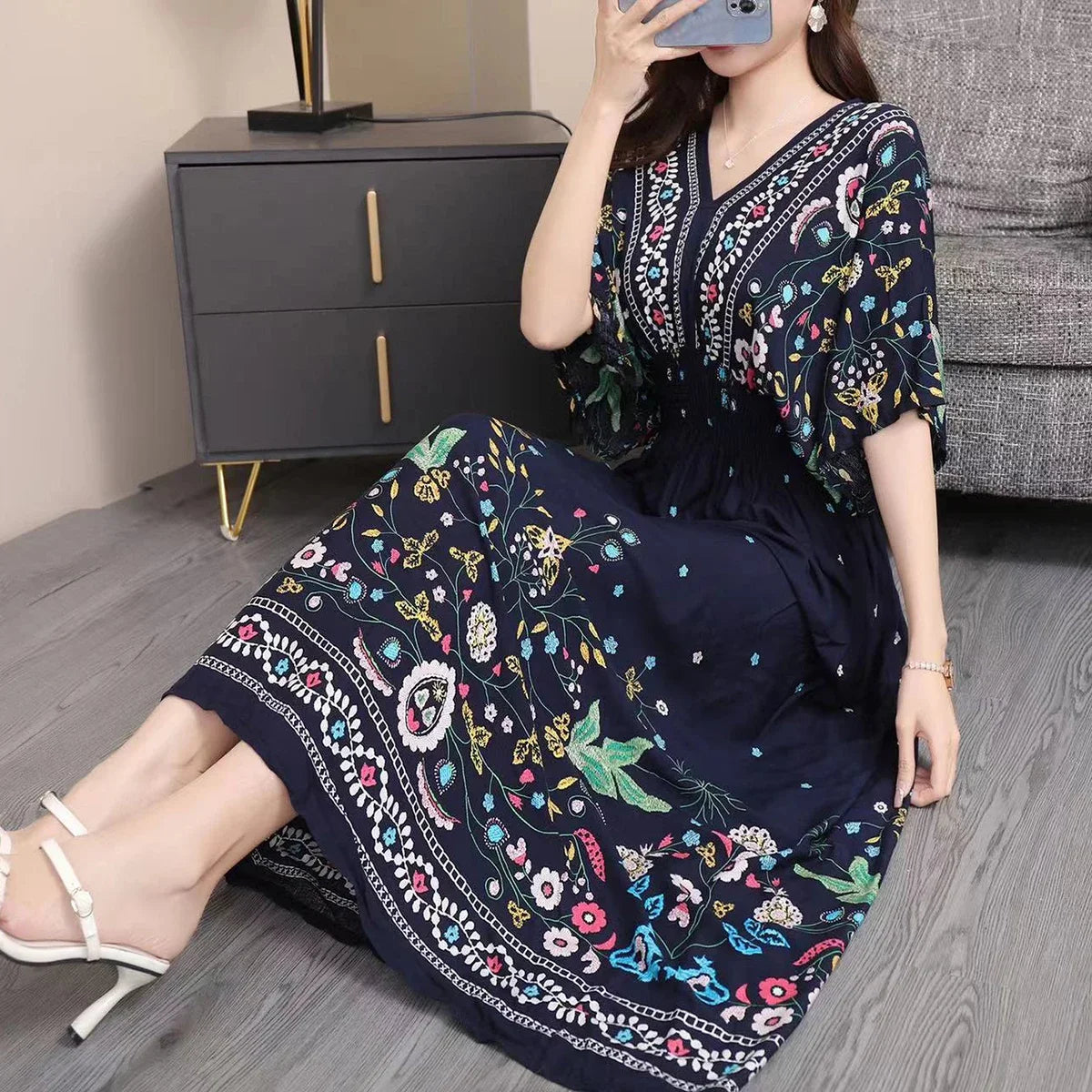 THHONE Vestidos De Mujer Casuales Dress Women Maxi Long Boho New Vacation Indian Robe Femmes Casual Floral V Neck Elastic Cotton