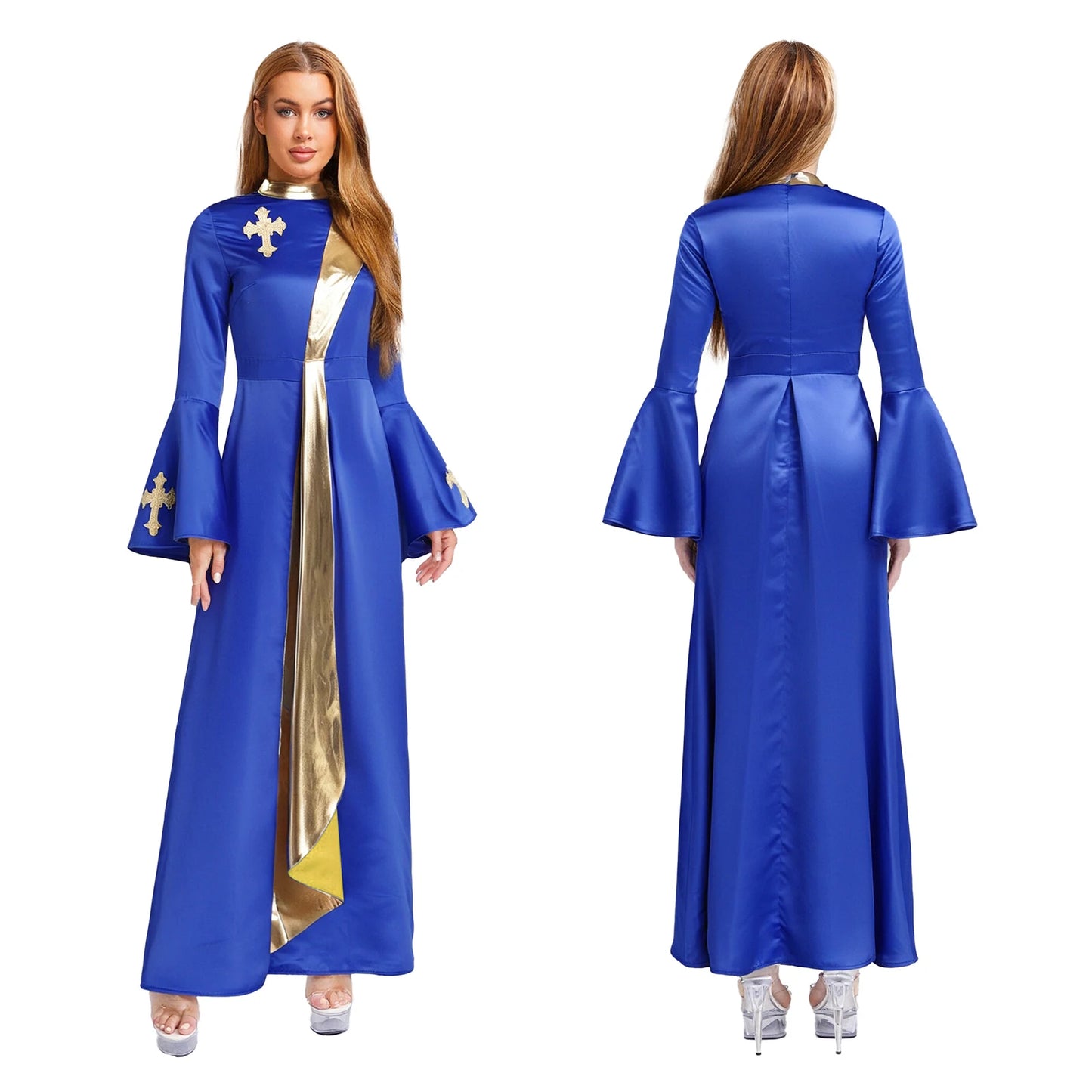 Womens Pastor Church Choir Dress Christian Priest Dress Halloween Costume Metallic Shiny Catholic Clergy Dress with Flared Cuffs