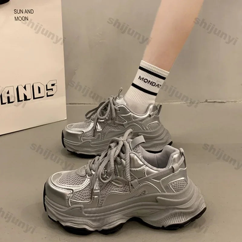 Chunky Platform Sneakers for Women Spring Fashion Thick Sole Vulcanized Shoes Woman Non Slip Mesh Breathable Casual Sports Shoes