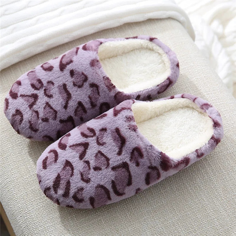Indoor Bedroom Women Men Couples Floor Shoes Winter Household Fur Slippers Leopard Print Non-Slip Soft Warm House Slides