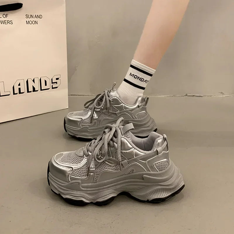 Chunky Platform Sneakers for Women Spring Fashion Thick Sole Vulcanized Shoes Woman Non Slip Mesh Breathable Casual Sports Shoes