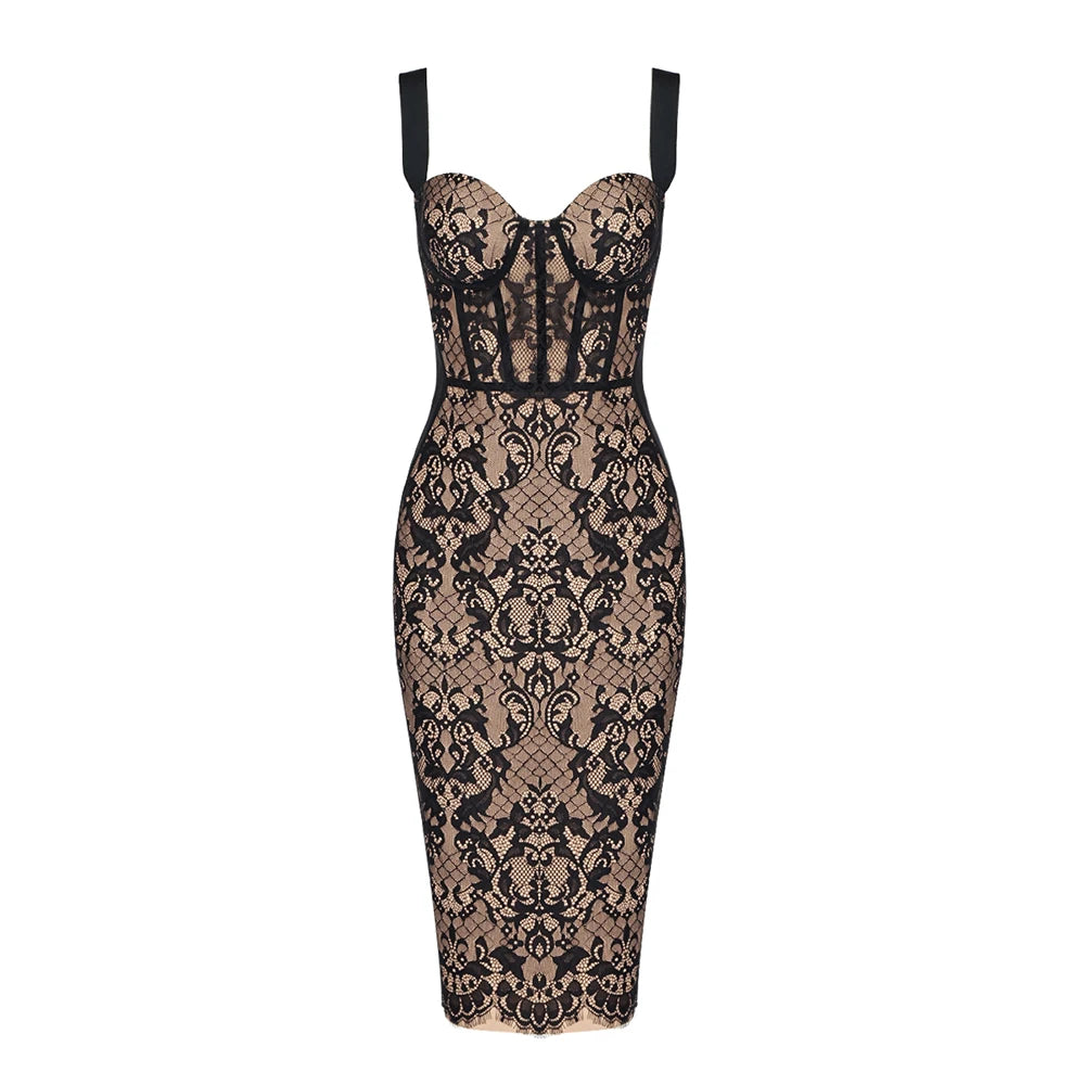 VC Midi Dresses For Women Chic And Elegant Square Collar Sleeveless Lace Patchwork Bandage Cocktail Party Vestidos
