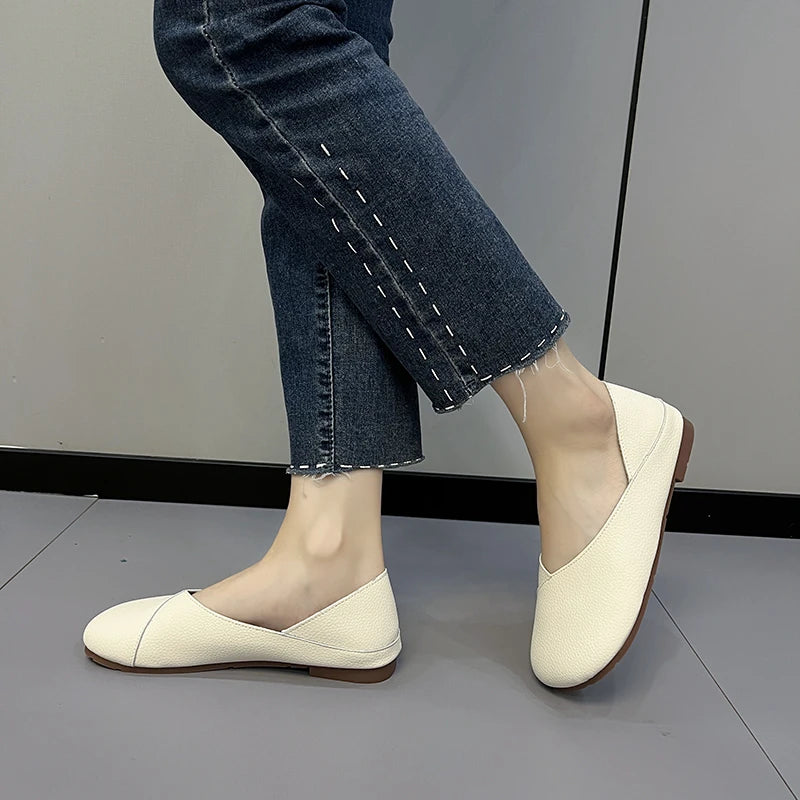 Women's Slip-on Leather Loafers 2024spring and Autumn Fashion Ballet Shoes Women's Casual Round Toe Cute Flat Sneakers Zapatilla