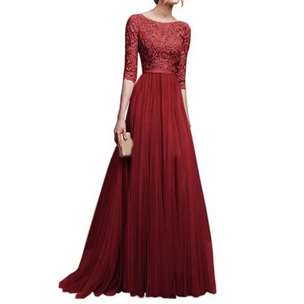 Women Maxi Dress Elegant Lace Flower Embroidered Maxi Evening Dress for Women Round Neck Half Sleeve Tight Waist Floor Length