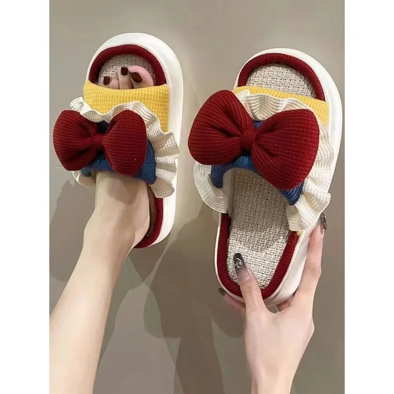 Summer Women's Linen Slippers Indoor Home Non-slip Shoes Cute Platform Sandals Fashionable Black Bow Shoes Soft and Comfortable
