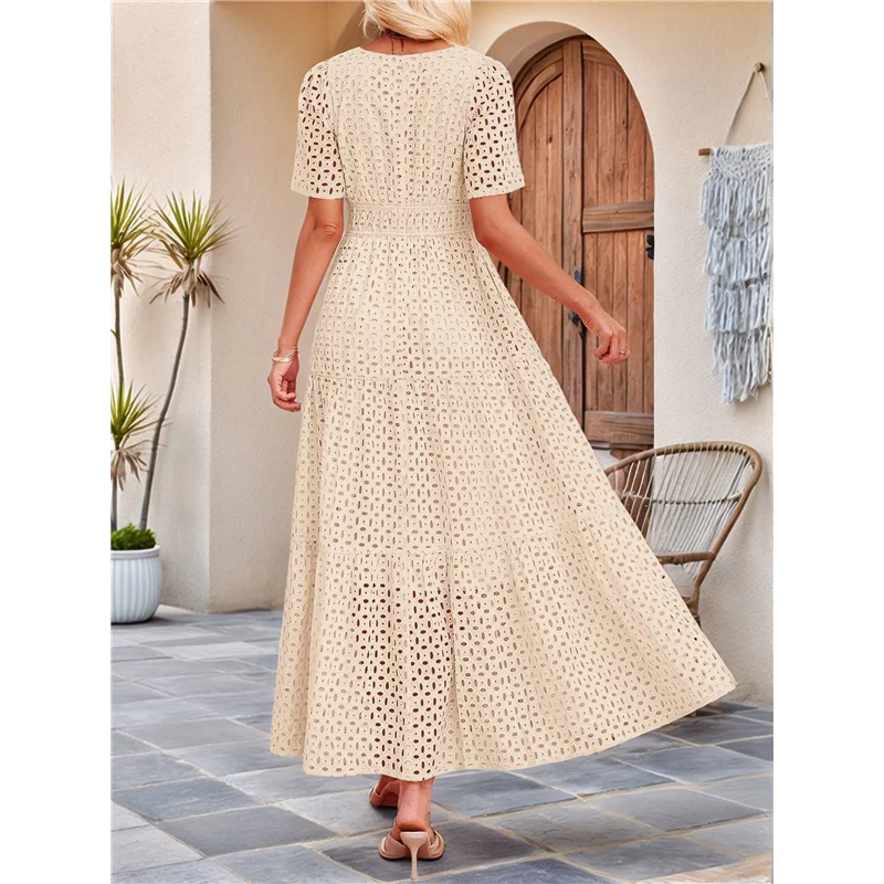 ASDS-Women's Summer Short Sleeve Maxi Dress Casual V Neck Hollow Out Eyelet Ruffle Swing A Line Long Dresses