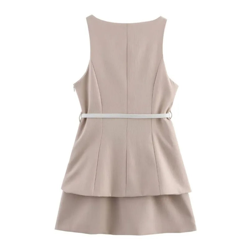 Elegant Midi Dress Beige Contrast Panels Sleeveless Work Dress with Belt 2025 Spring Summer Casual Chic Outfit