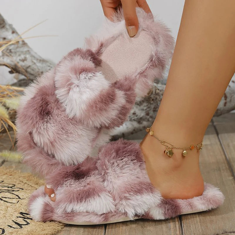 Soft Furry Cotton Slippers for Women Indoor Flat Heel Home Plush Slippers Woman Winter Non Slip Mix Color Cotton Slides Female