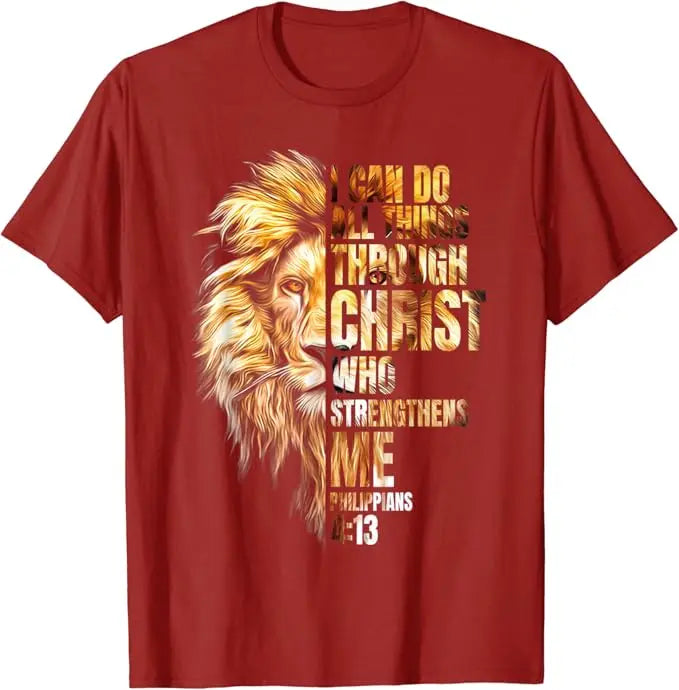 Christian I Can Do All Things Through Christ Lion Faith T-Shirt Lion Lover Graphic Outfits Men's Fashion Christ Faith Saying Tee