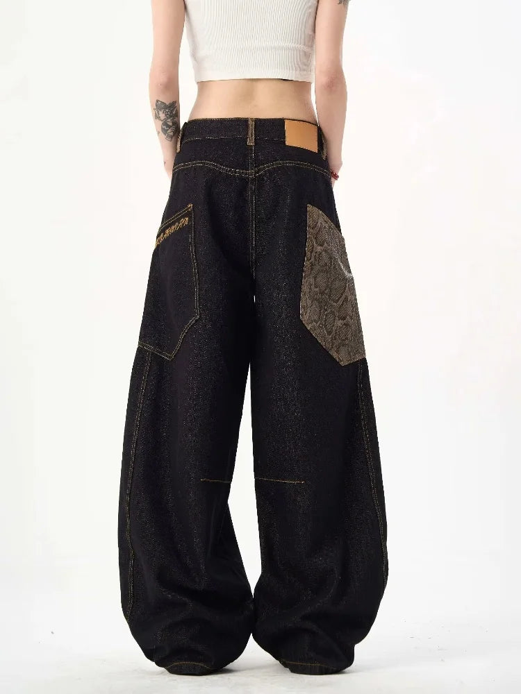 2025 Cyber Y2K Streetwear Snake Patchwork Black Baggy Stacked Cargo Jeans Pants For Women Clothes Lady Denim Trousers Ropa Mujer