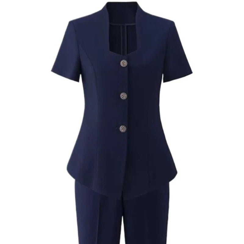 Women's Professional Suit Set for Summer Short-Sleeve Formal Work Suit with Long Pants Beauty Salon & Hotel Front Desk