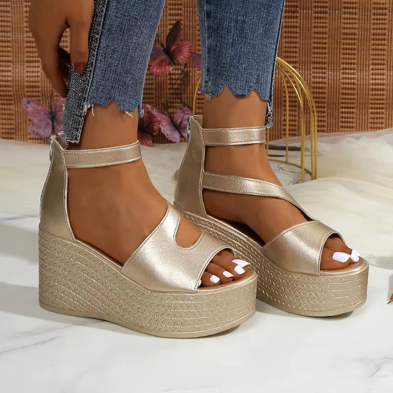 Slope heel sandals 2025 summer fashion lightweight thick sole non-slip high heels women's shoes back zipper leather Roman shoes