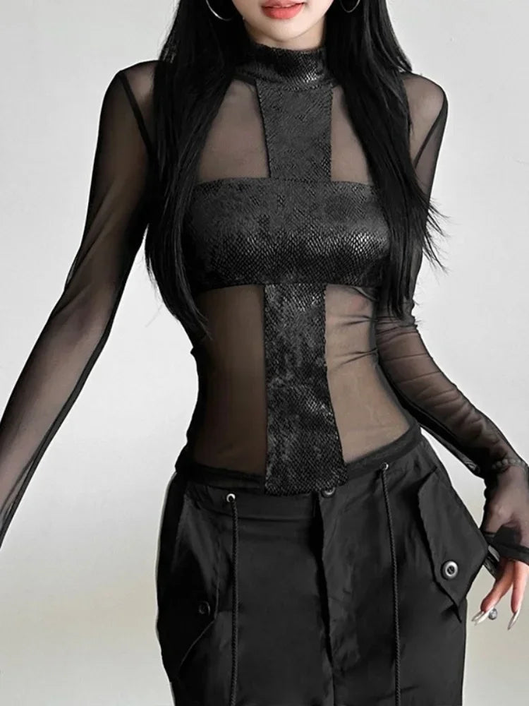 Long Sleeve Mesh T Shirts For Women Edgy Clothes Y2k Accessories Black Crop Top See Through Camisetas Skinny Sexy Ropa De Mujer