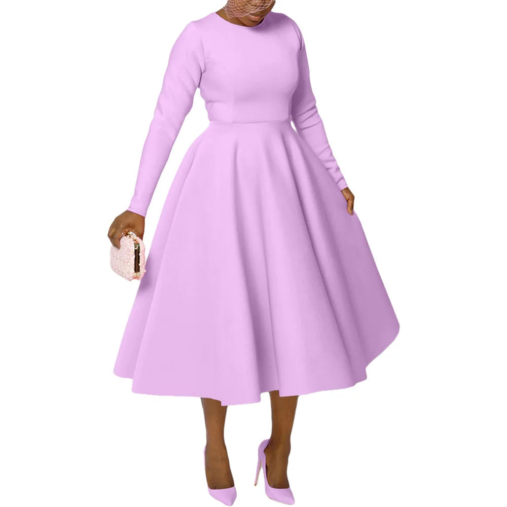 Elegant Church Dresses for Woman 2025 Fall Long Sleeve O Neck High Waisted A-Line Midi Calf Party Cocktail Dress with Pockets