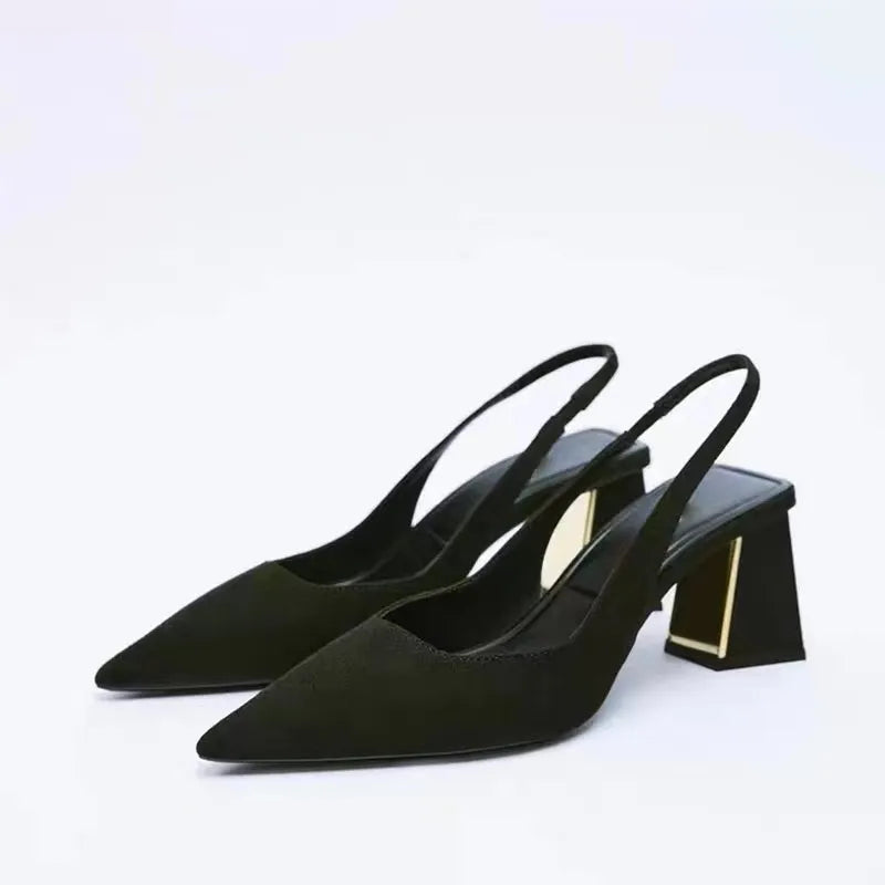 Fashion Block Heel Slingbacks Women 2023 Fall Pointed Toe Pumps Elegant Office Ladies High Heels Women's Comfortable Sandals
