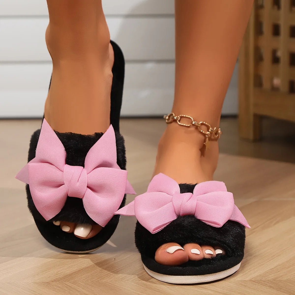 Womens Bow Tie Plush Indoor Slippers - Cozy & Warm